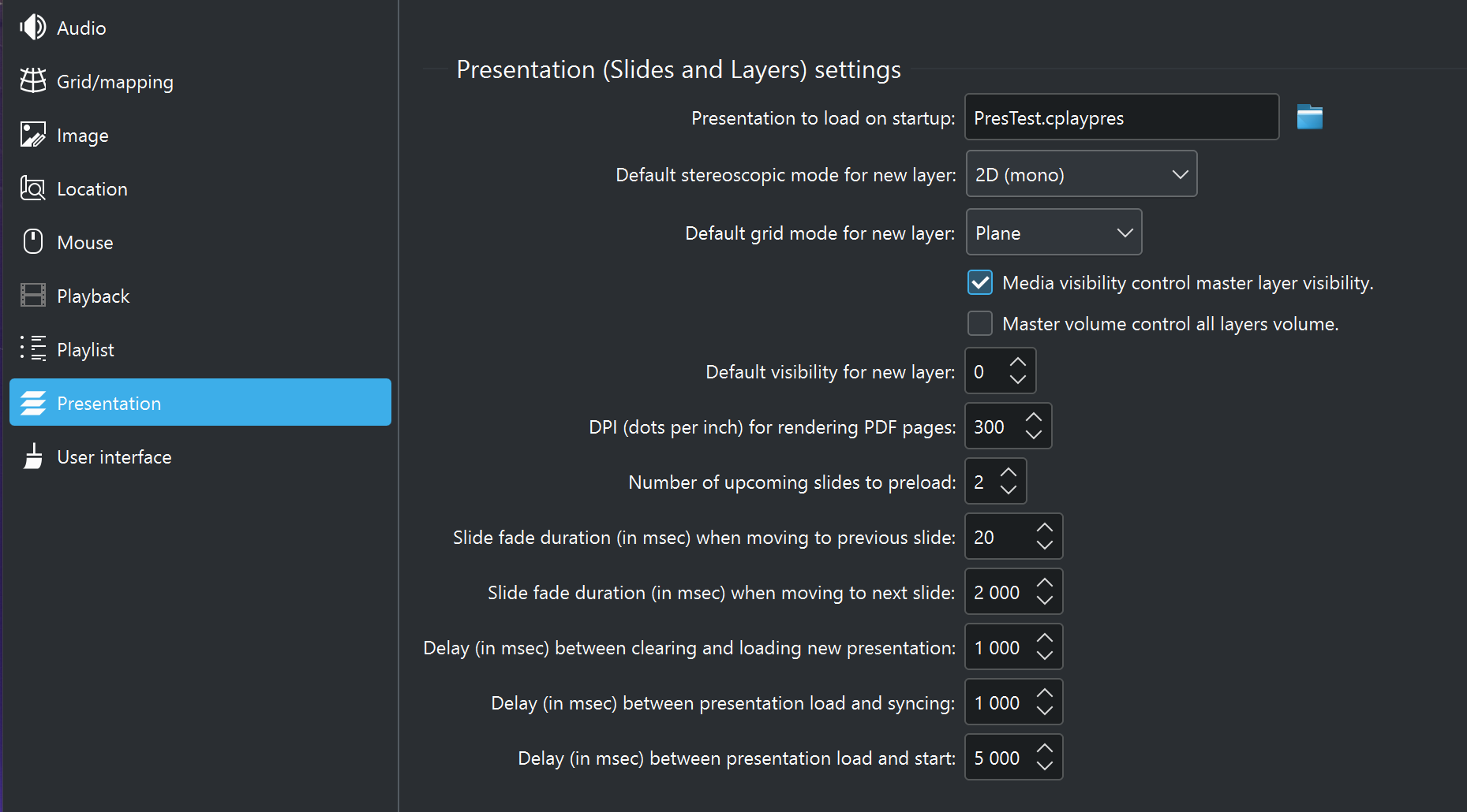 Presentation settings